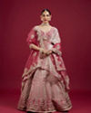 Coral And Light Pink Aari Embroidered Lehenga with Mirror Work